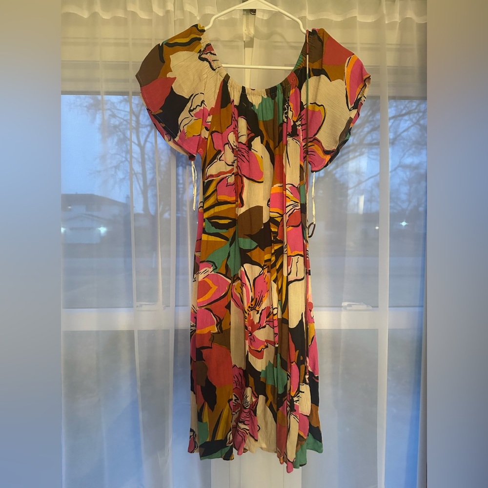 Vibrant Floral Off-Shoulder Dress - Pink, Green & Brown